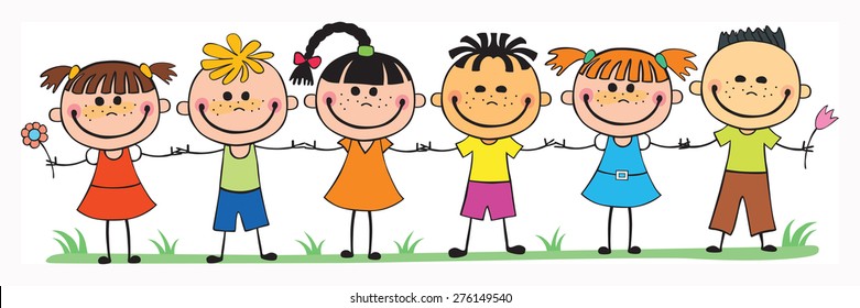 children friendly fun different nationalities holding hands on a white background, vector illustration Children