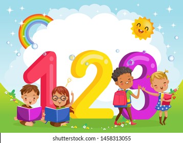 Children with friends and 123 numbers, Design of figures and children's cartoon characters.Vector Illustration Isolated on the background of the sky, the sun and the rainbow across the clouds.	