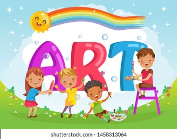 children with friends and art letters. Design of figures and children's cartoon characters.Vector Illustration Isolated on the background of the sky, the sun and the rainbow across the clouds.	