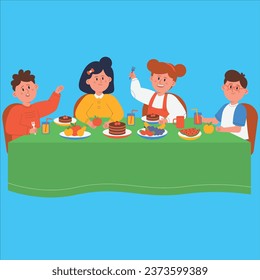 Los niños amigos comen tartas en el desayuno, el almuerzo o la cena. Niños y niñas sentados en una mesa de restaurante o café con comida dulce juntos ilustración plana vectorial. Fiesta infantil, concepto de celebración