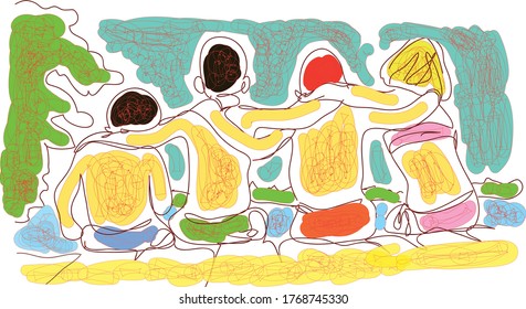 children with friends line art vector design. colorful.