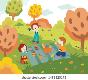 Children friends at picnic outdoors in autumn park or garden with colorful tree leaves in flat style - vector illustration of fall scene with happy kids eating and having fun outside in forest.