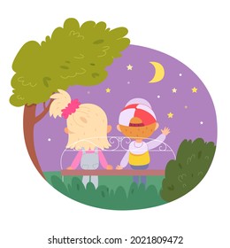 Children friendship, boy and girl looking at night sky together. Happy kids doing fun activities in childhood vector illustration. Adorable little friends in evening enjoying outdoor.