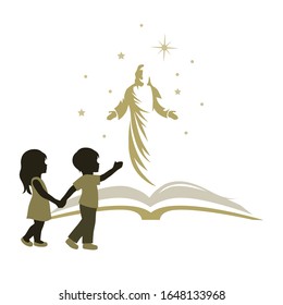 Children in front of open Bible and Jesus Christ, vector