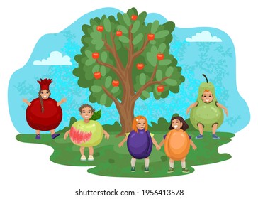 Children in fruit costumes in the garden near the apple tree. Kindergarten, children about food and vitamins, characters people-fruit, plum, apple pear and pomegranate. Vector cute illustration