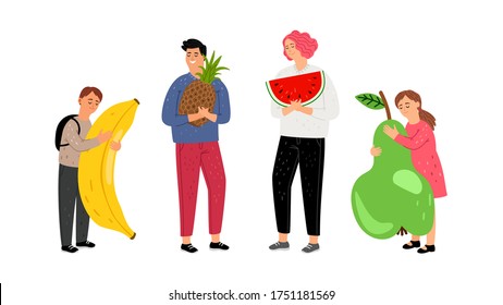 Children with fruits. Fresh market, cute kids and teens holding juicy watermelon pineapple pear vector illustration