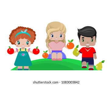 children with fruits on a picnic, a boy and two girls with apples, pears and oranges on a green lawn. isolated image