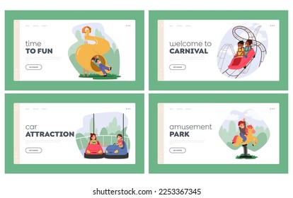 Children Fun in Amusement Park Landing Page Template Set. Little Girls and Boys Characters Riding Roller Coaster, Slides, Bumper Cars and Horse in Outdoor Fun Fair. Cartoon People Vector Illustration