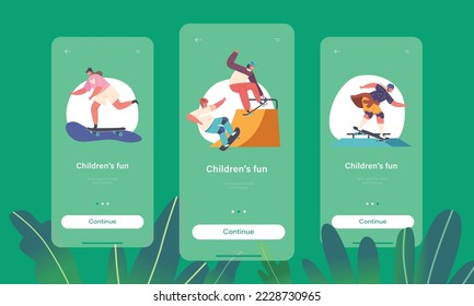 Children Fun Mobile App Page Onboard Screen Template. Kids Characters Skaters on Longboards, Urban Culture, Lifestyle, Sport Stunts and Tricks on Skateboard Concept. Cartoon People Vector Illustration