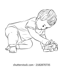 Children fun playing line art outline cartoon illustration