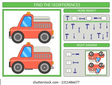 Children fun riddle worksheet. Find the differences between two images fire truck. Educational page. Game kids mathematical count game. Vector illustration.