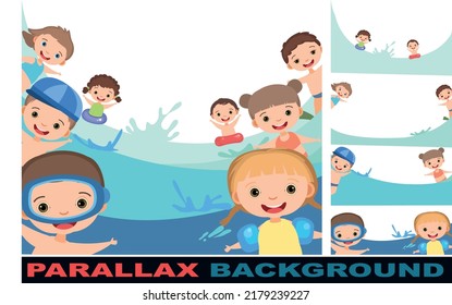 Children fun and splashing in water. Set parallax effect. Waves. Swimming, diving and water sports. Pool or beach. Isolated on white background. Illustration in cartoon style. Flat design. Vector