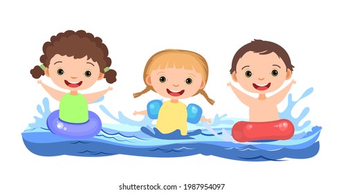Children fun and splashing in water. Swimming, diving and water sports. Pool or beach. Isolated on white background. Illustration in cartoon style. Flat design. Vector art
