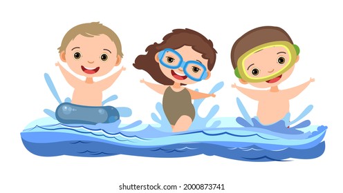 Children fun and splashing in water. Swimming, diving and water sports. Pool or beach. Isolated on white background. Illustration in cartoon style. Flat design. Vector art