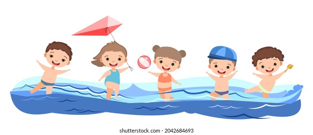 Children fun and splashing in water. Swimming, diving and water sports. Pool or beach. Isolated on white background. Isolated illustration in cartoon style. Flat design. Vector art.