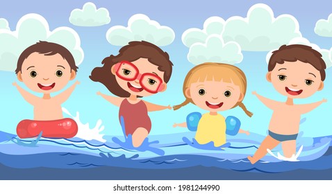 Children fun and splashing in water. Waves. Swimming, diving and water sports. Beach landscape. Illustration in cartoon style. Flat design. Vector art