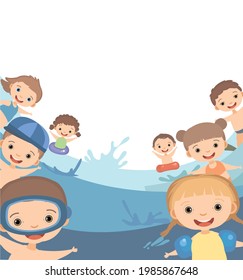 Children fun and splashing in water. Waves. Swimming, diving and water sports. Pool or beach. Isolated on white background. Illustration in cartoon style. Flat design. Vector art