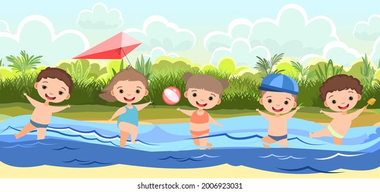 Children fun and splashing in water. Waves. Swimming, diving and water sports. Beach landscape. Illustration in cartoon style. Flat design. Vector art