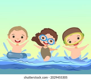 Children fun and splashing in water. Waves. Swimming, diving and water sports. Beach landscape. Illustration in cartoon style. Flat design. Vector art.