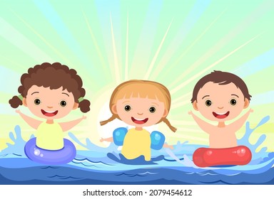 Children fun and splashing in water. Waves. Swimming, diving and water sports. Beach landscape. Illustration in cartoon style. Flat design. Vector art.