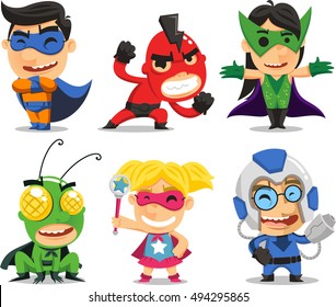 Children in Fun Superhero Costumes for a Party or halloween Cartoon Illustrations