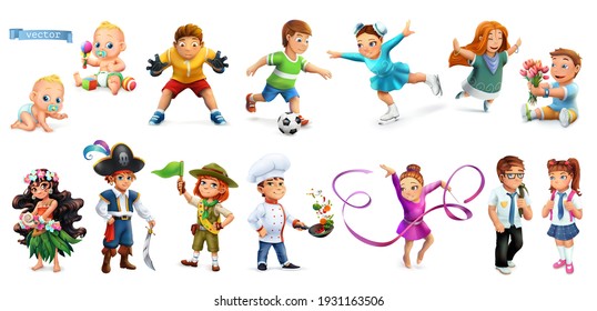 Children. Funny cartoon characters 3d vector icons set