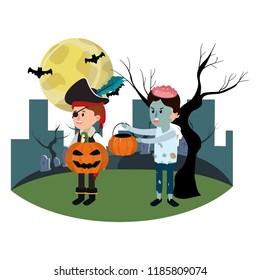 children with funny costumes and bad pumpkin