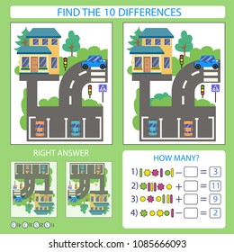 Kinder lustiges Spiel. Finden Sie den Unterschied zwischen der Straße und dem Gebäude. Unterhaltung pur. Aufgaben für Aufmerksamkeit. Arbeitsblatt mit mathematischer Übung. Vektorgrafik.