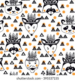 Children funny pattern with cheerful animals.  Funny children's pattern. Seamless for fabric design, gift wrapping paper and printing and web projects.