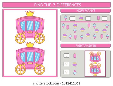 Children funny riddle worksheet. Find the differences between two princess carriage. Educational page. Game kids mathematical count game. Vector illustration.