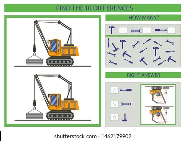 Children funny riddle worksheet. Find the differences between two construction cranes trucks. Educational page. Game kids mathematical count game. Vector illustration.