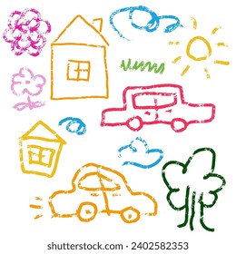 Niños graciosos dibujos simples con lápices de cera. Dibujo de garabatos para niños, casa dibujada a mano para niños, coche, árbol, sol, flor y nubes doodle de lápiz pastel ilustración vectorial