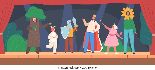 Children in Funny Theatrical Costumes Playing on Stage with Curtains and Decor. Characters Wear Fantasy Suits Take Part in School Performance, Little Artists Show. Cartoon People Vector Illustration