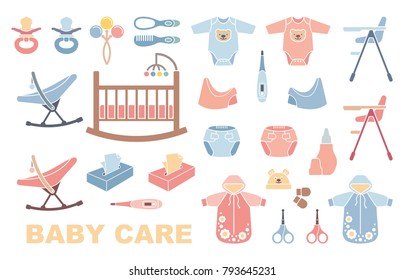 Children furniture, clothes and equipment for baby care