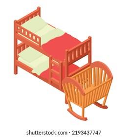 Children furniture icon isometric vector. Two level bed with bedlinen and cradle. Kid furniture, children room, bunk bed, playpen