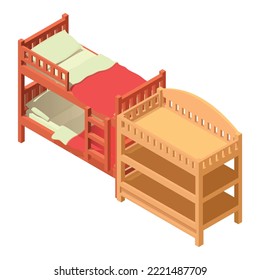 Children furniture icon isometric vector. Two level bed and wood changing table. Kid furniture, interior element