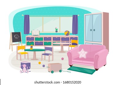 Children furniture. Toys for preschool kindergarten kids room soft furniture bedroom bed desk education items vector collection