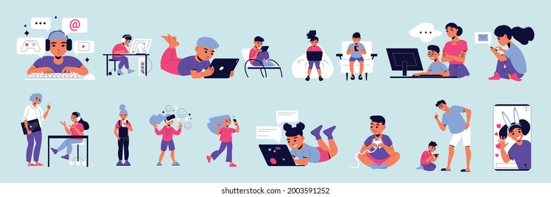 Children gadget addiction color set of kids with smartphones and computers chatting online and playing game isolated vector illustration