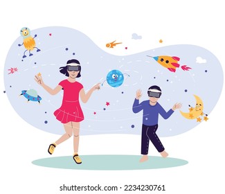 Children gadget addiction flat composition with two teenage kids wearing vr glasses on metaverse icons background vector illustration