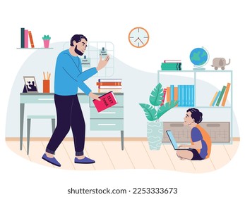 Children gadget addiction flat composition with character of father holding book approaching son stuck in laptop vector illustration