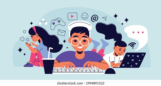 Children Gadget Addiction Horizontal Vector Illustration With Kids Addicted To Digital Devices With Social Media