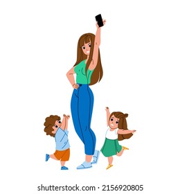 Children Gadget Addiction Modern Problem Vector. Kids Boy And Girl Crying And Wanting Smartphone, Mother Struggling With Gadget Addiction. Characters Electronic Device Flat Cartoon Illustration