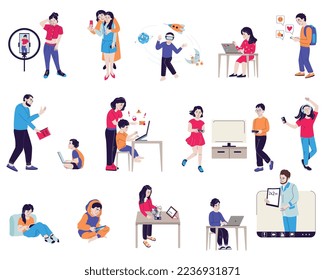 Children gadget addiction set of flat icons and isolated characters of teenage kids with adults emotions vector illustration