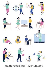 Niños gadget adicto set con íconos aislados planos de niños usando computadoras de smartphones en fondo ilustración vectorial en blanco