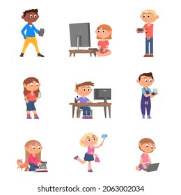 Children with gadgets. Computer gamer, kid using digital devices. Boy girl with smartphone, fun play with mobile tablet decent vector characters