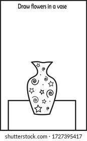 Children game. Finish the picture. Draw flowers in a vase. Design for coloring