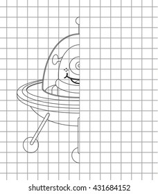 Children game finish ufo draw. Vector cartoon illustration game. Line black simple ufo