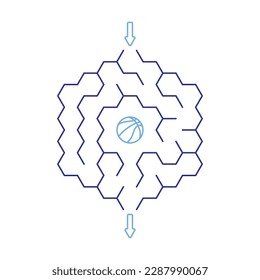 Children game. Honeycomb maze, labyrinth with different difficulty levels and sports basketball ball prize inside. Puzzles and games for development of intelligence in child. Vector