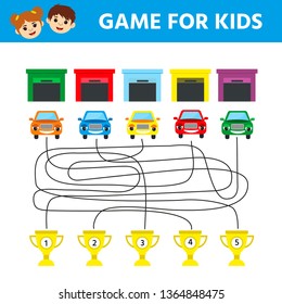 Children game for children. Labyrinth. Cartoon cars. Help the car get to the finish line. Education developing worksheet. Vector illustration