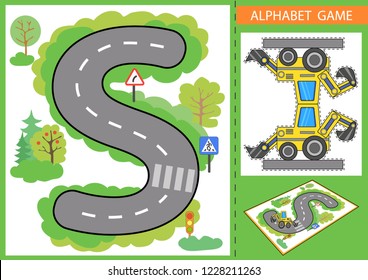Children game. Learn alphabet. Letter S with road and paper car. Wallpaper or carpet for childrens room. Background for gaming car. Maze with road signs. Vector illustration.